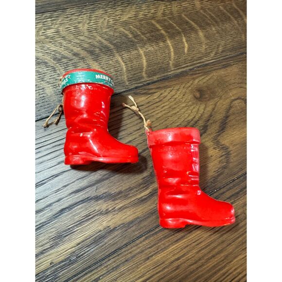 none Other - 2 small red vintage plastic Santa boots; vintage candy containers original label